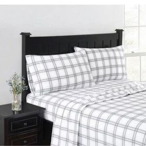 London Fog 3 Pc White And Grey Plaid Flannel Cotton Twin Sheet Set 🔥🔥🔥